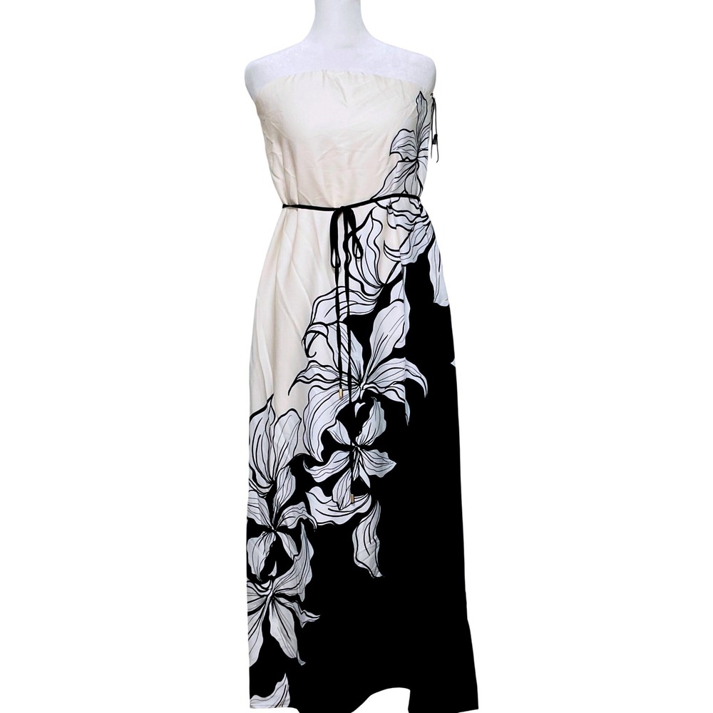 Nicole Miller NY women's floral strapless maxi dress XS NWT black cream white